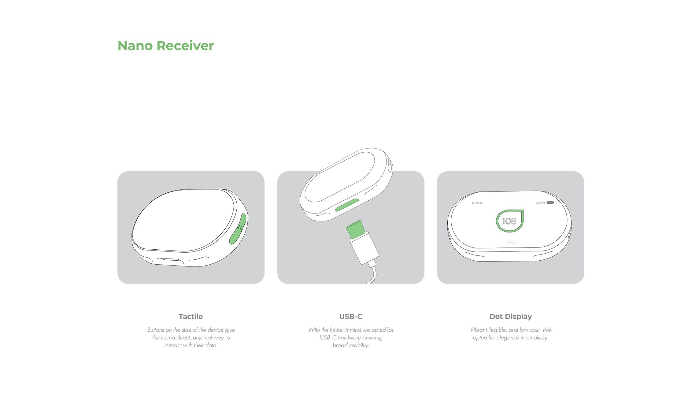 Nano Receiver: Sketches showing the key features matching the requirements of tactile buttons, USB-C, and a dot display.